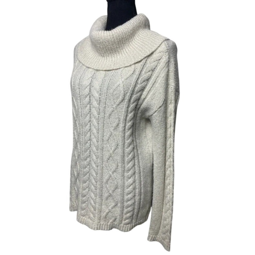 Talbots Cable Knit Cowl Neck Sweater Cream Metallic Shimmer Alpaca Blend Small S
